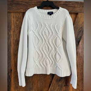 Lands End Drifter Cable Knit Sweater Women’s Large 14/16 White 100% Cotton